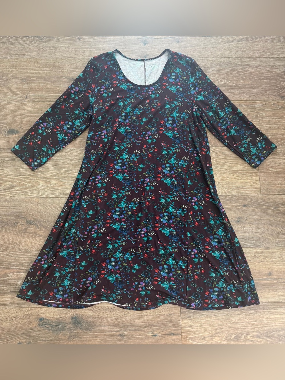 Garnet Hill Womens 3/4 Sleeve Trapeze Dress Stretch Blue Watercolor Floral XL